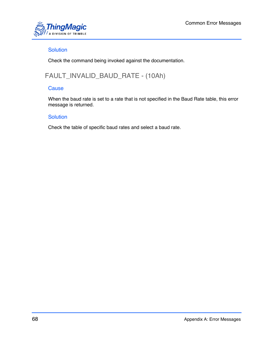 Solution, Fault_invalid_baud_rate - (10ah), Cause | Fault_invalid_baud_rate - (10ah) 68 | ThingMagic M6e User Manual | Page 68 / 100