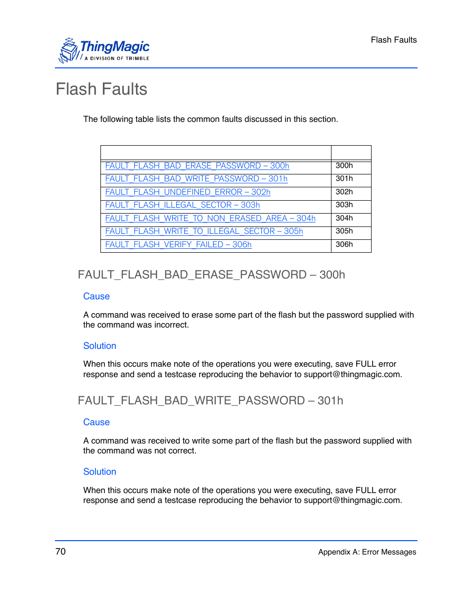 Flash faults, Fault_flash_bad_erase_password – 300h, Cause | Solution, Fault_flash_bad_write_password – 301h, Fault_flash_bad_erase_password – 300h 70, Fault_flash_bad_write_password – 301h 70 | ThingMagic M6e User Manual | Page 70 / 100