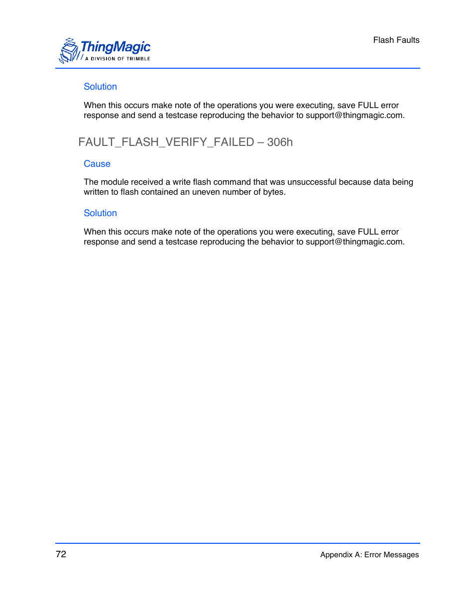 Solution, Fault_flash_verify_failed – 306h, Cause | Fault_flash_verify_failed – 306h 72 | ThingMagic M6e User Manual | Page 72 / 100