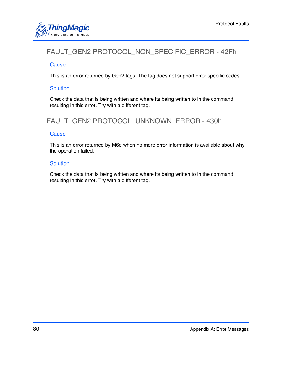 Fault_gen2 protocol_non_specific_error - 42fh, Cause, Solution | Fault_gen2 protocol_unknown_error - 430h, Fault_gen2 protocol_non_specific_error - 42fh 80, Fault_gen2 protocol_unknown_error - 430h 80 | ThingMagic M6e User Manual | Page 80 / 100