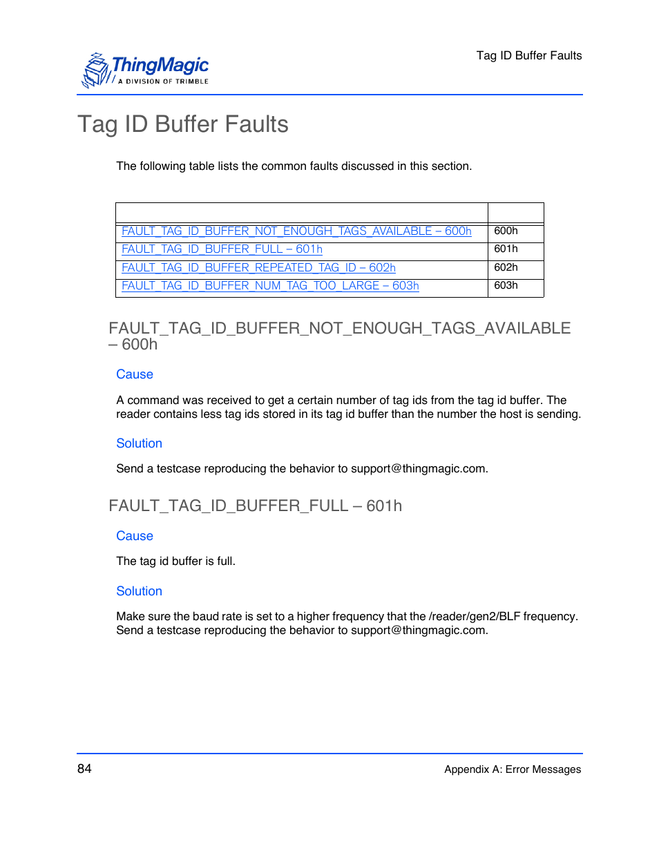 Tag id buffer faults, Cause, Solution | Fault_tag_id_buffer_full – 601h, Fault_tag_id_buffer_full – 601h 84 | ThingMagic M6e User Manual | Page 84 / 100