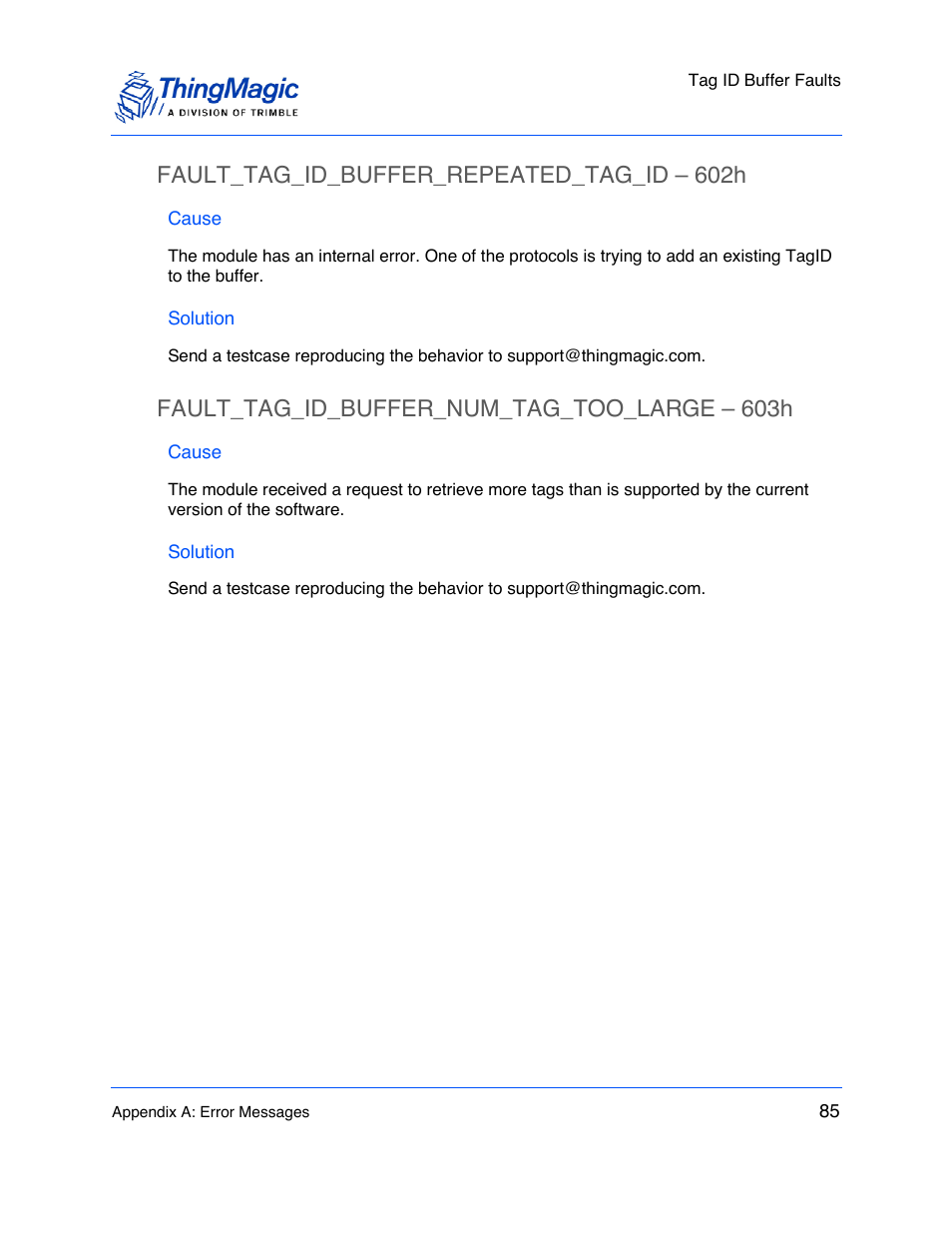 Fault_tag_id_buffer_repeated_tag_id – 602h, Cause, Solution | Fault_tag_id_buffer_num_tag_too_large – 603h, Fault_tag_id_buffer_repeated_tag_id – 602h 85, Fault_tag_id_buffer_num_tag_too_large – 603h 85 | ThingMagic M6e User Manual | Page 85 / 100