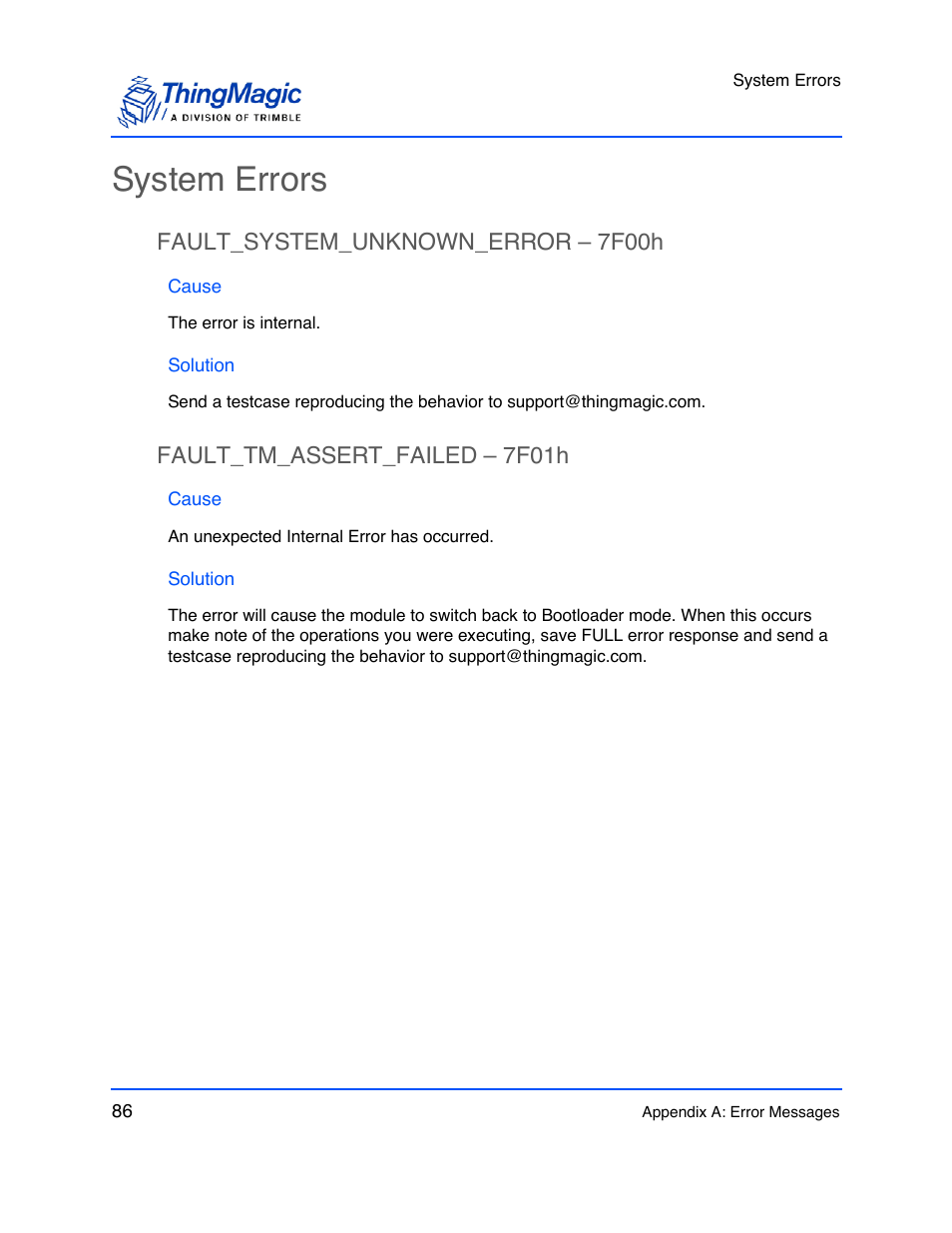 System errors, Fault_system_unknown_error – 7f00h, Cause | Solution, Fault_tm_assert_failed – 7f01h, Fault_system_unknown_error – 7f00h 86, Fault_tm_assert_failed – 7f01h 86 | ThingMagic M6e User Manual | Page 86 / 100