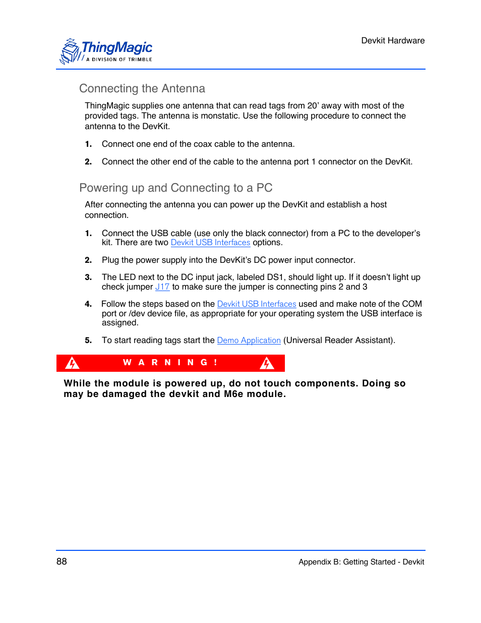 Connecting the antenna, Powering up and connecting to a pc, Connecting the antenna 88 | Powering up and connecting to a pc 88 | ThingMagic M6e User Manual | Page 88 / 100