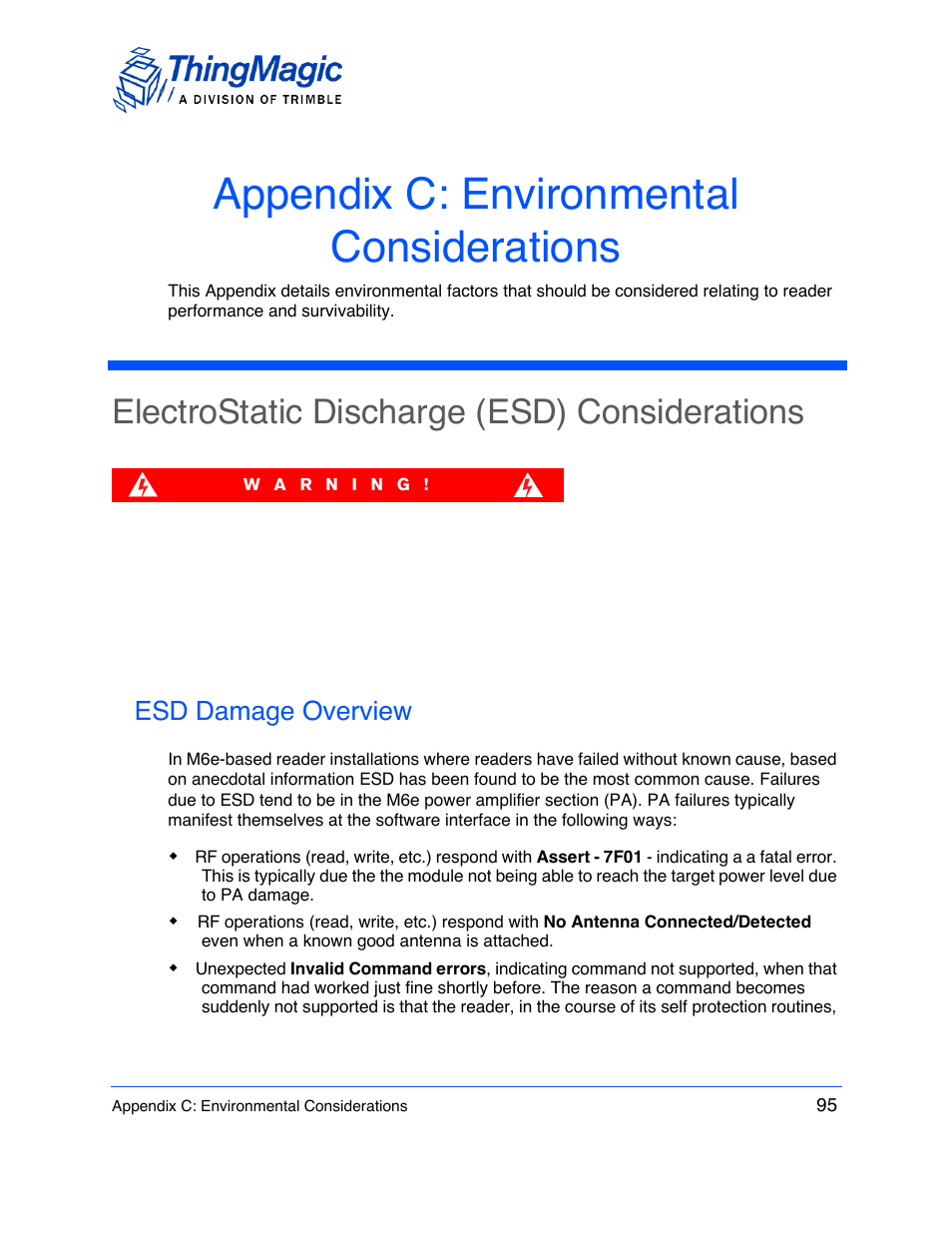 Appendix c: environmental considerations, Electrostatic discharge (esd) considerations, Esd damage overview | ThingMagic M6e User Manual | Page 95 / 100
