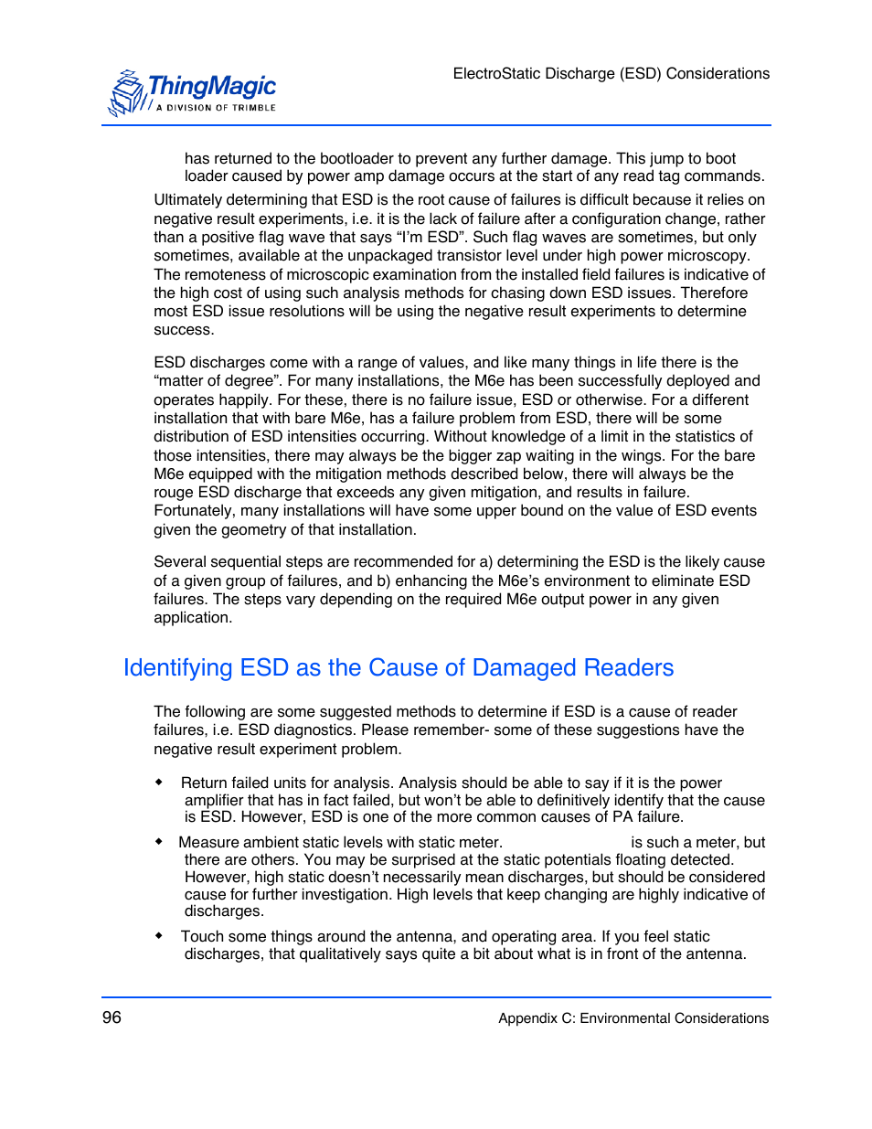 Identifying esd as the cause of damaged readers | ThingMagic M6e User Manual | Page 96 / 100