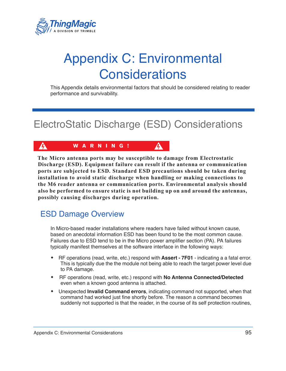 Appendix c: environmental considerations, Electrostatic discharge (esd) considerations, Esd damage overview | Details about environmental factors that | ThingMagic Micro Hardware User Manual | Page 100 / 105