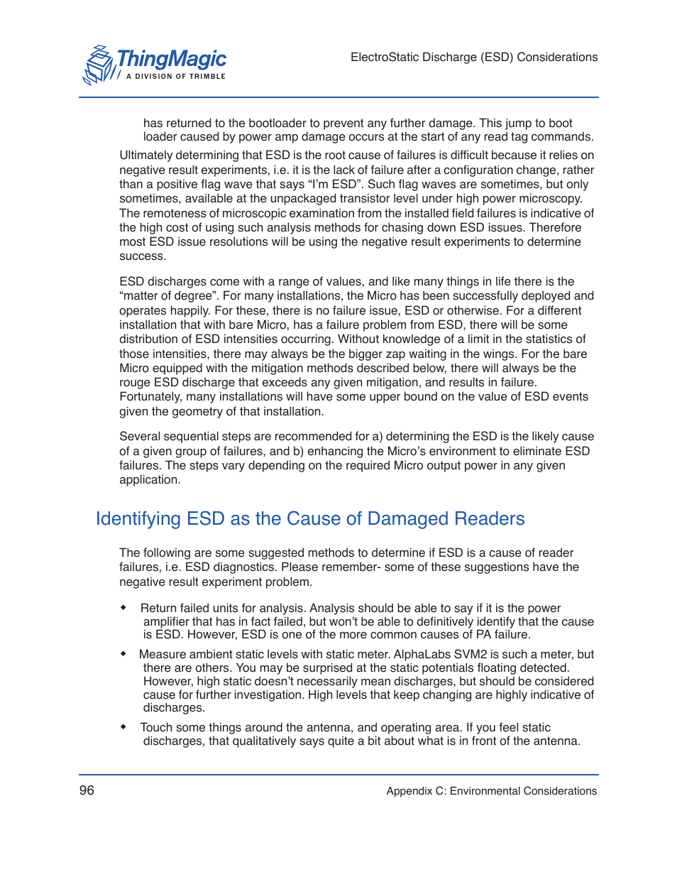 Identifying esd as the cause of damaged readers | ThingMagic Micro Hardware User Manual | Page 101 / 105