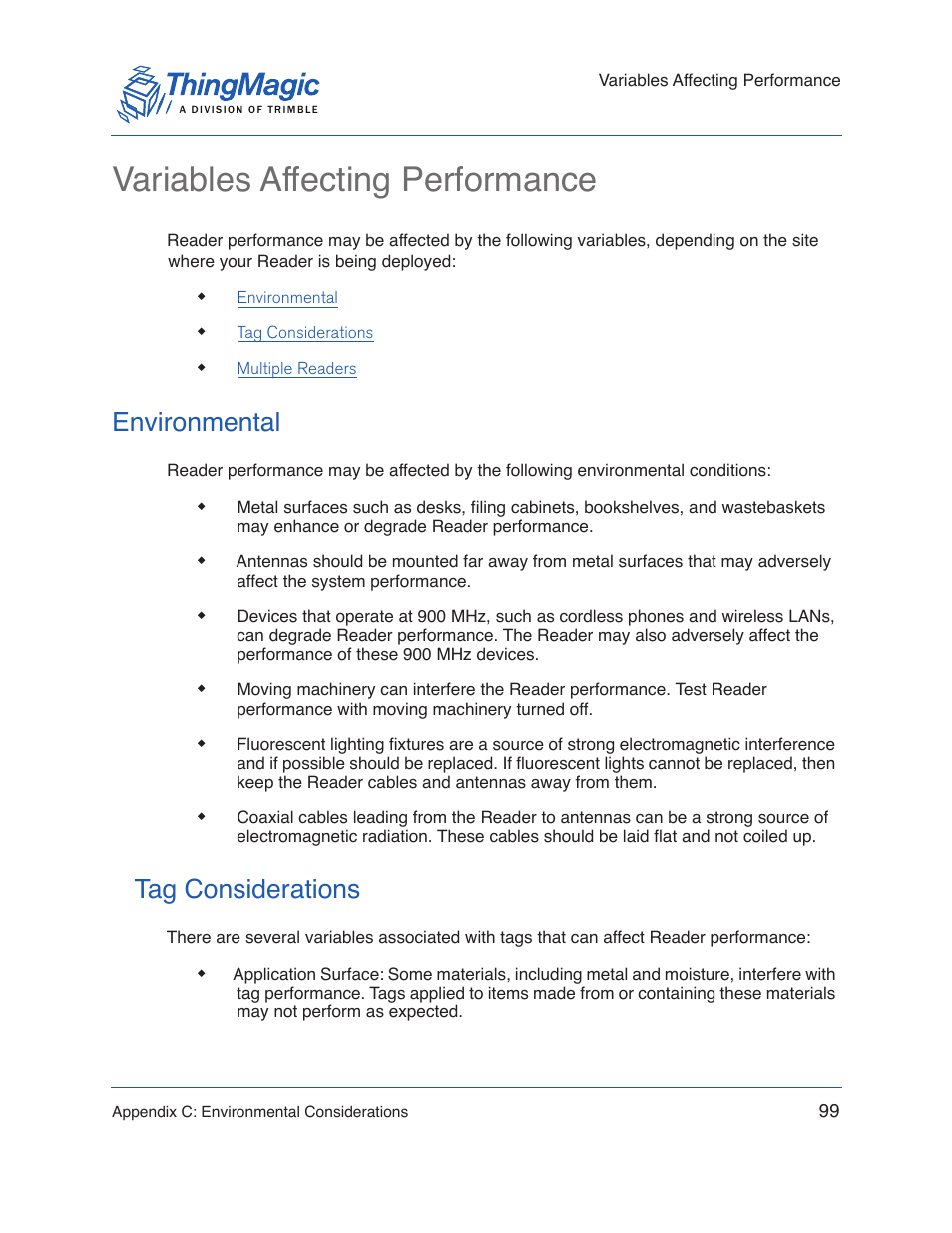 Variables affecting performance, Environmental, Tag considerations | Environmental tag considerations | ThingMagic Micro Hardware User Manual | Page 104 / 105