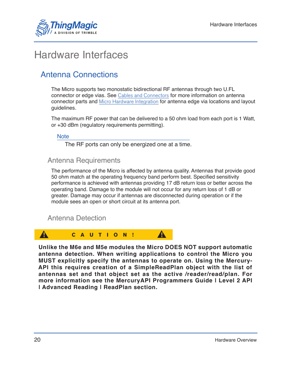 Hardware interfaces, Antenna connections, Antenna requirements | Antenna detection, Antenna requirements antenna detection | ThingMagic Micro Hardware User Manual | Page 20 / 105