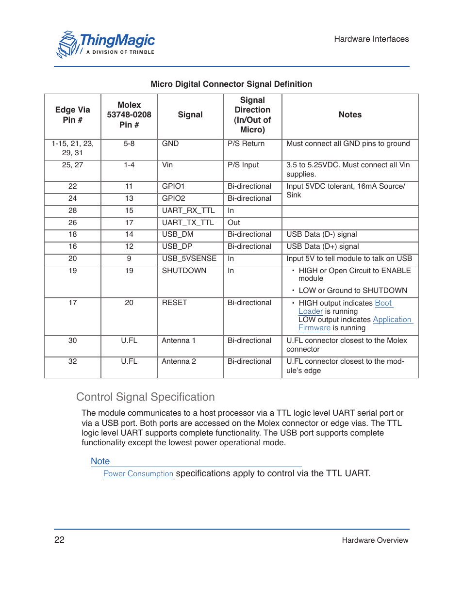 Control signal specification | ThingMagic Micro Hardware User Manual | Page 22 / 105