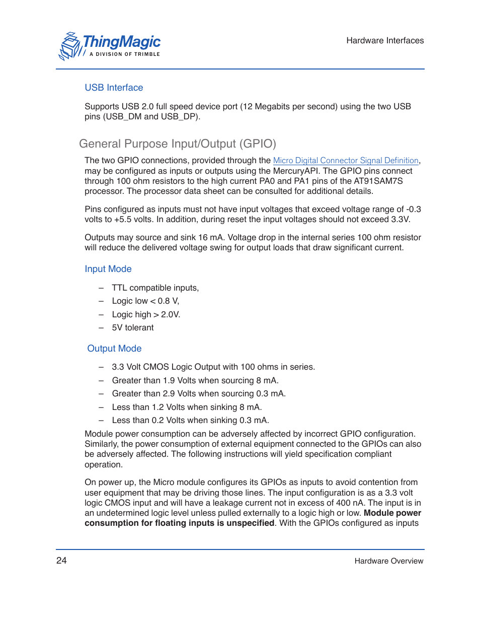 Usb interface, General purpose input/output (gpio), Input mode | Output mode, Can the | ThingMagic Micro Hardware User Manual | Page 24 / 105