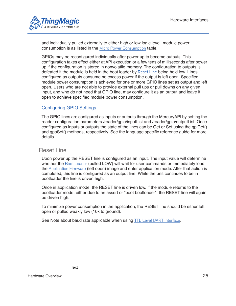 Configuring gpio settings, Reset line | ThingMagic Micro Hardware User Manual | Page 25 / 105
