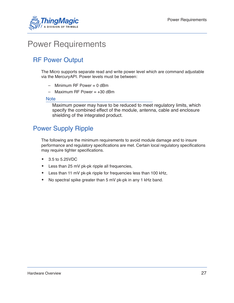 Power requirements, Rf power output, Power supply ripple | Rf power output power supply ripple | ThingMagic Micro Hardware User Manual | Page 27 / 105