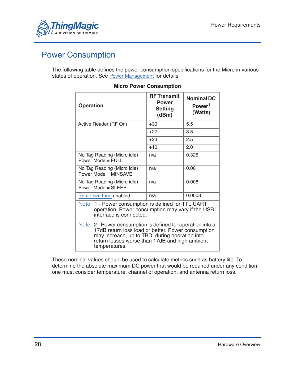 Power consumption | ThingMagic Micro Hardware User Manual | Page 28 / 105