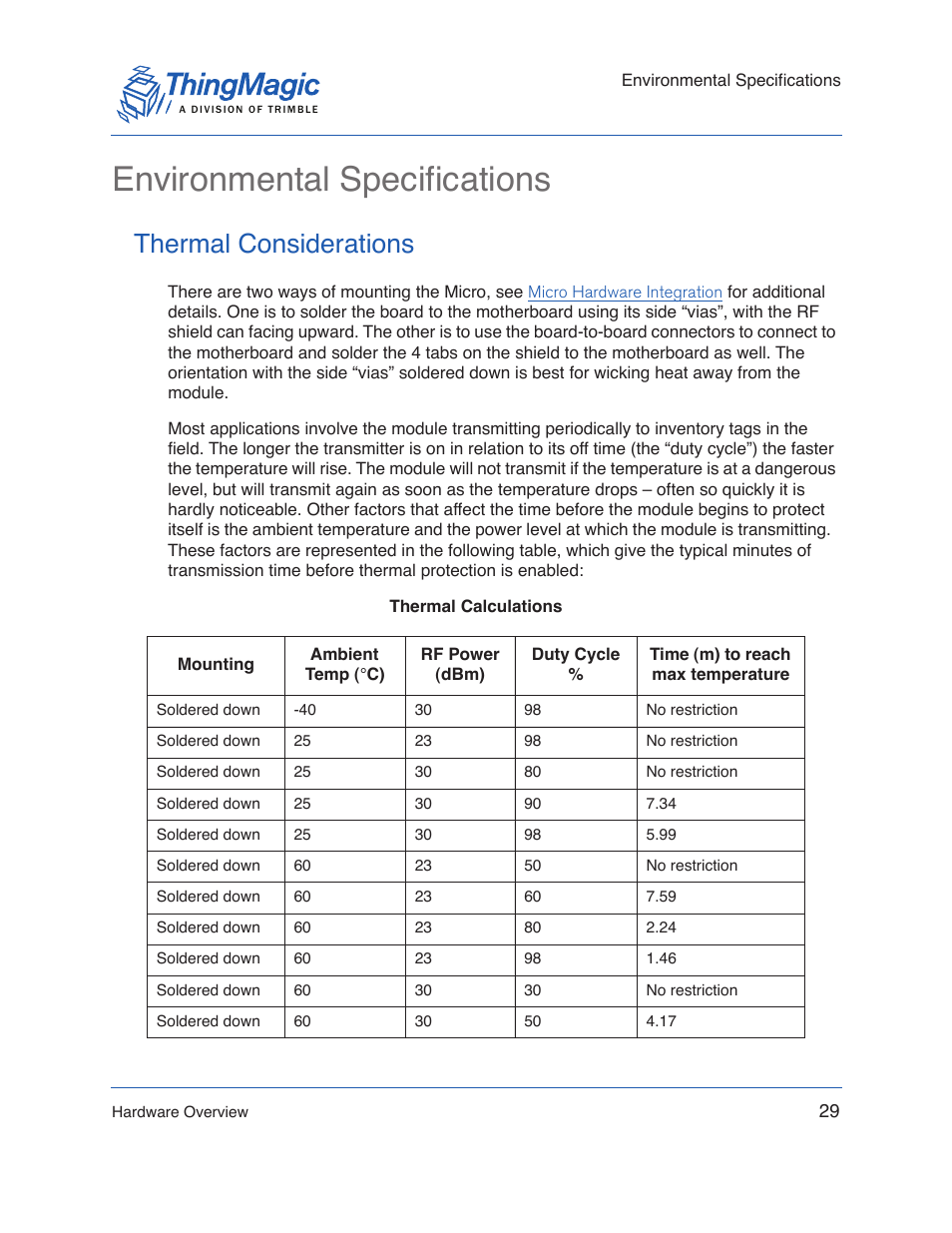 Environmental specifications, Thermal considerations | ThingMagic Micro Hardware User Manual | Page 29 / 105