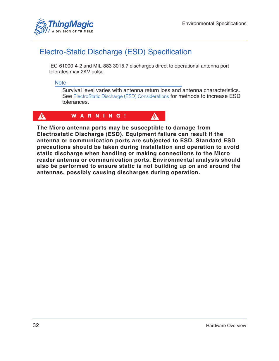 Electro-static discharge (esd) specification | ThingMagic Micro Hardware User Manual | Page 32 / 105