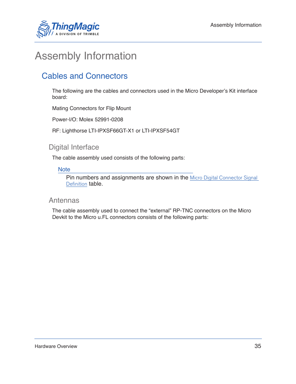 Assembly information, Cables and connectors, Digital interface | Antennas, Digital interface antennas | ThingMagic Micro Hardware User Manual | Page 35 / 105