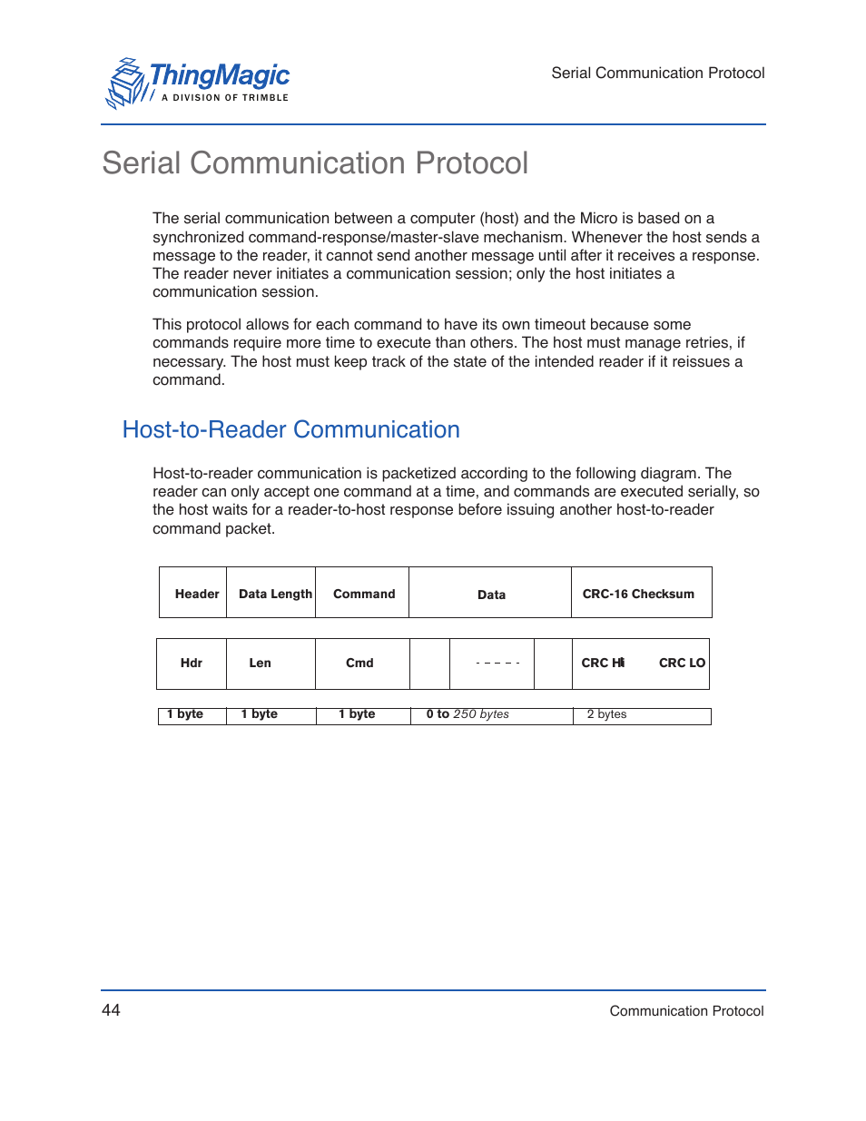 Serial communication protocol, Host-to-reader communication | ThingMagic Micro Hardware User Manual | Page 49 / 105