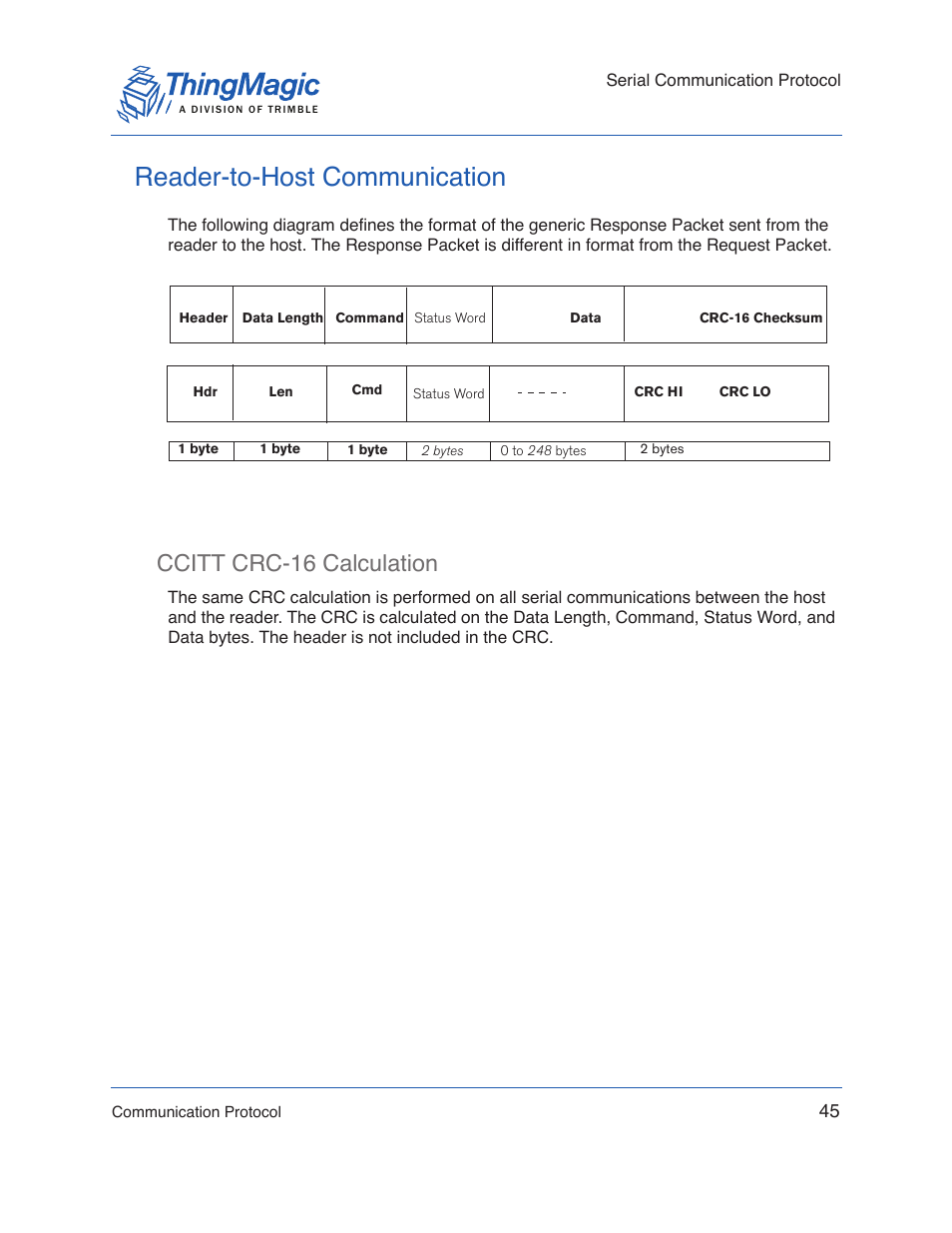 Reader-to-host communication, Ccitt crc-16 calculation | ThingMagic Micro Hardware User Manual | Page 50 / 105