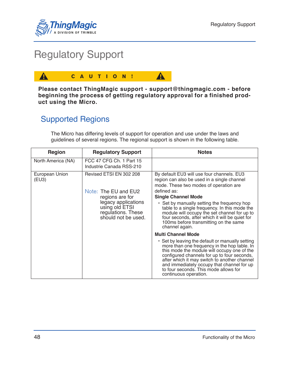 Regulatory support, Supported regions | ThingMagic Micro Hardware User Manual | Page 53 / 105