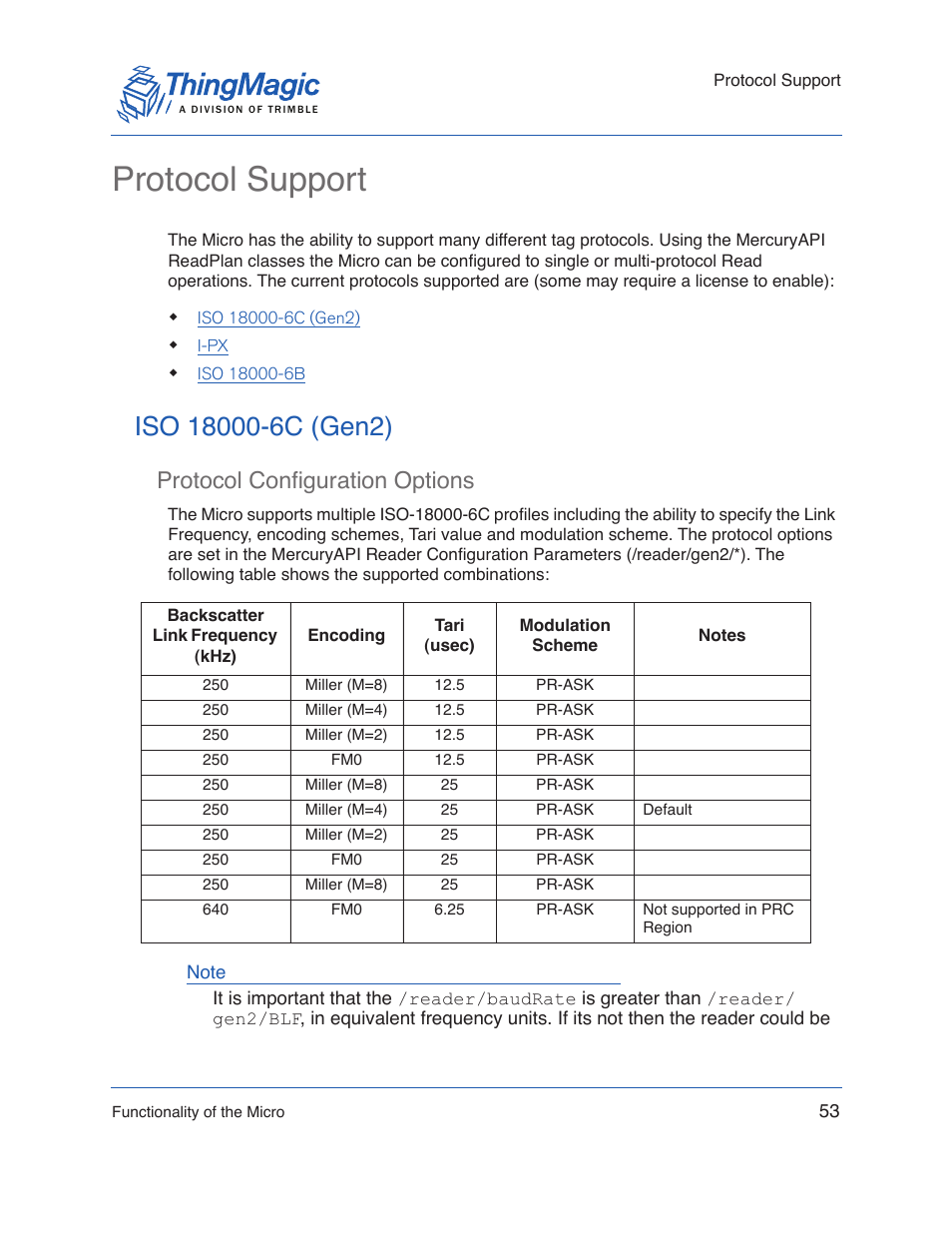 Protocol support, Iso 18000-6c (gen2), Protocol configuration options | ThingMagic Micro Hardware User Manual | Page 58 / 105