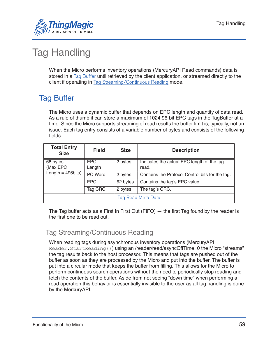 Tag handling, Tag buffer, Tag streaming/continuous reading | ThingMagic Micro Hardware User Manual | Page 64 / 105