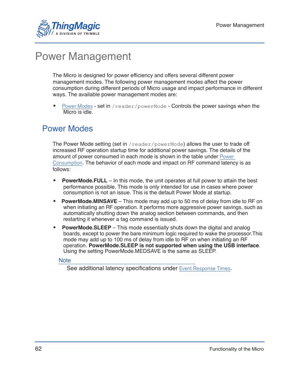 Power management, Power modes | ThingMagic Micro Hardware User Manual | Page 67 / 105