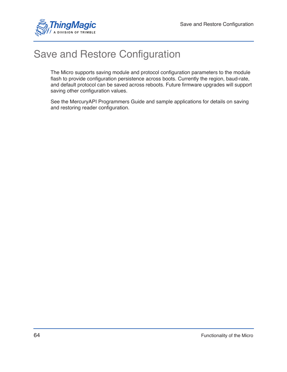 Save and restore configuration | ThingMagic Micro Hardware User Manual | Page 69 / 105