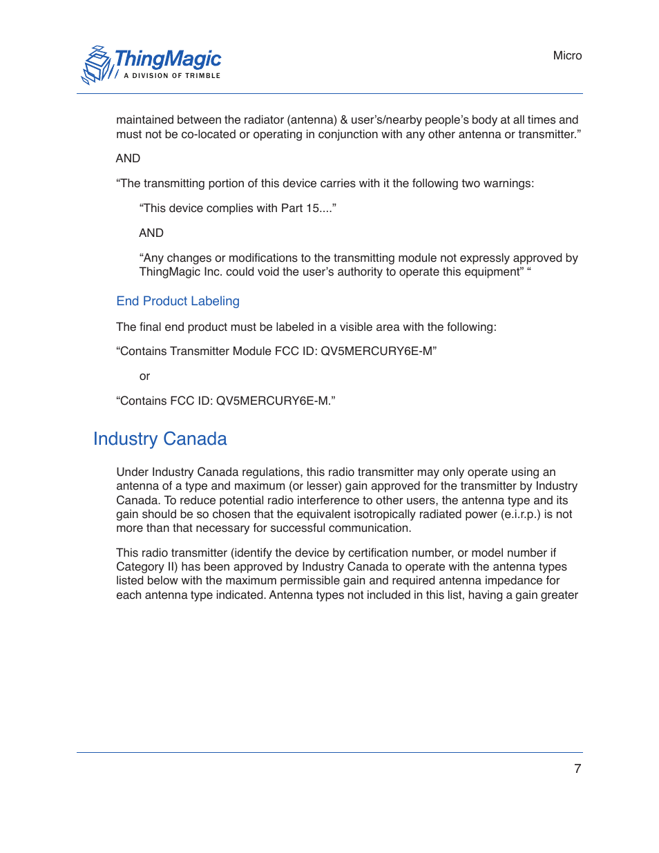 End product labeling, Industry canada | ThingMagic Micro Hardware User Manual | Page 7 / 105