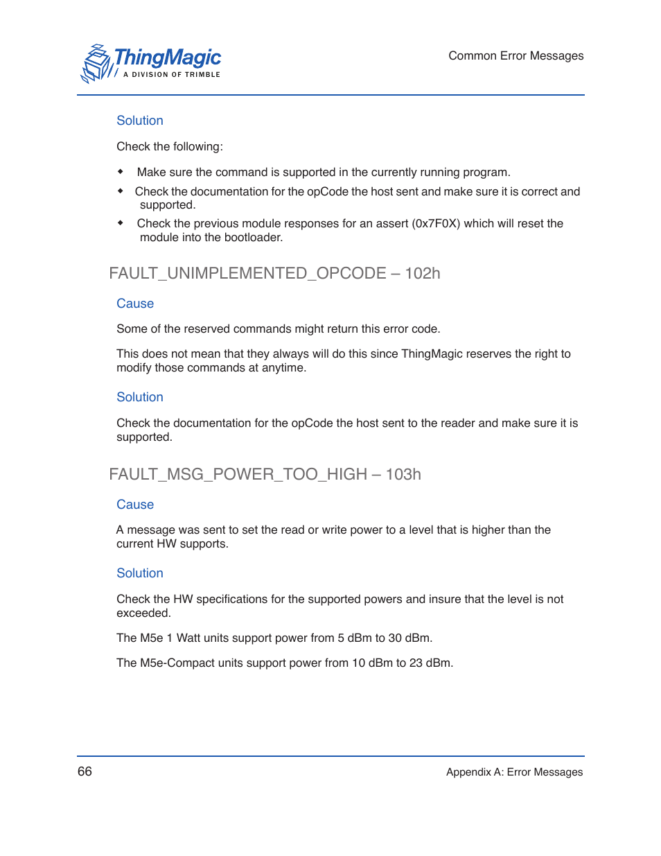 Solution, Fault_unimplemented_opcode – 102h, Cause | Fault_msg_power_too_high – 103h | ThingMagic Micro Hardware User Manual | Page 71 / 105