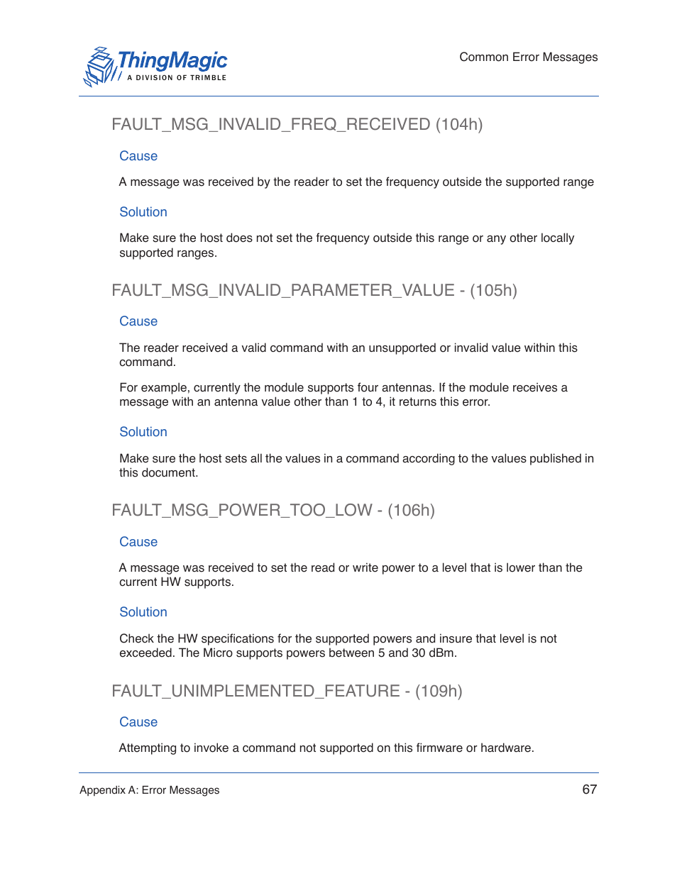 Fault_msg_invalid_freq_received (104h), Cause, Solution | Fault_msg_invalid_parameter_value - (105h), Fault_msg_power_too_low - (106h), Fault_unimplemented_feature - (109h) | ThingMagic Micro Hardware User Manual | Page 72 / 105