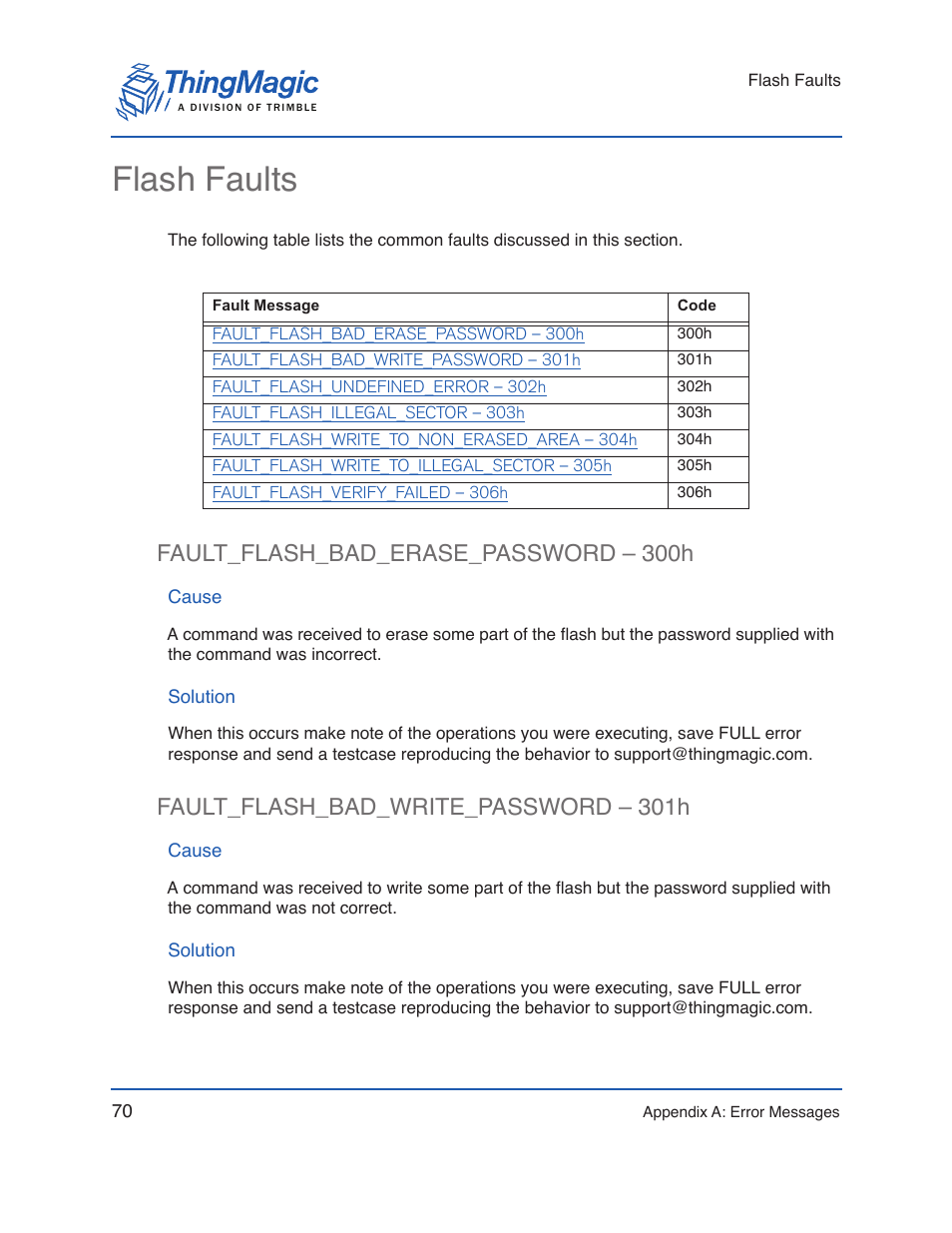 Flash faults, Fault_flash_bad_erase_password – 300h, Cause | Solution, Fault_flash_bad_write_password – 301h | ThingMagic Micro Hardware User Manual | Page 75 / 105
