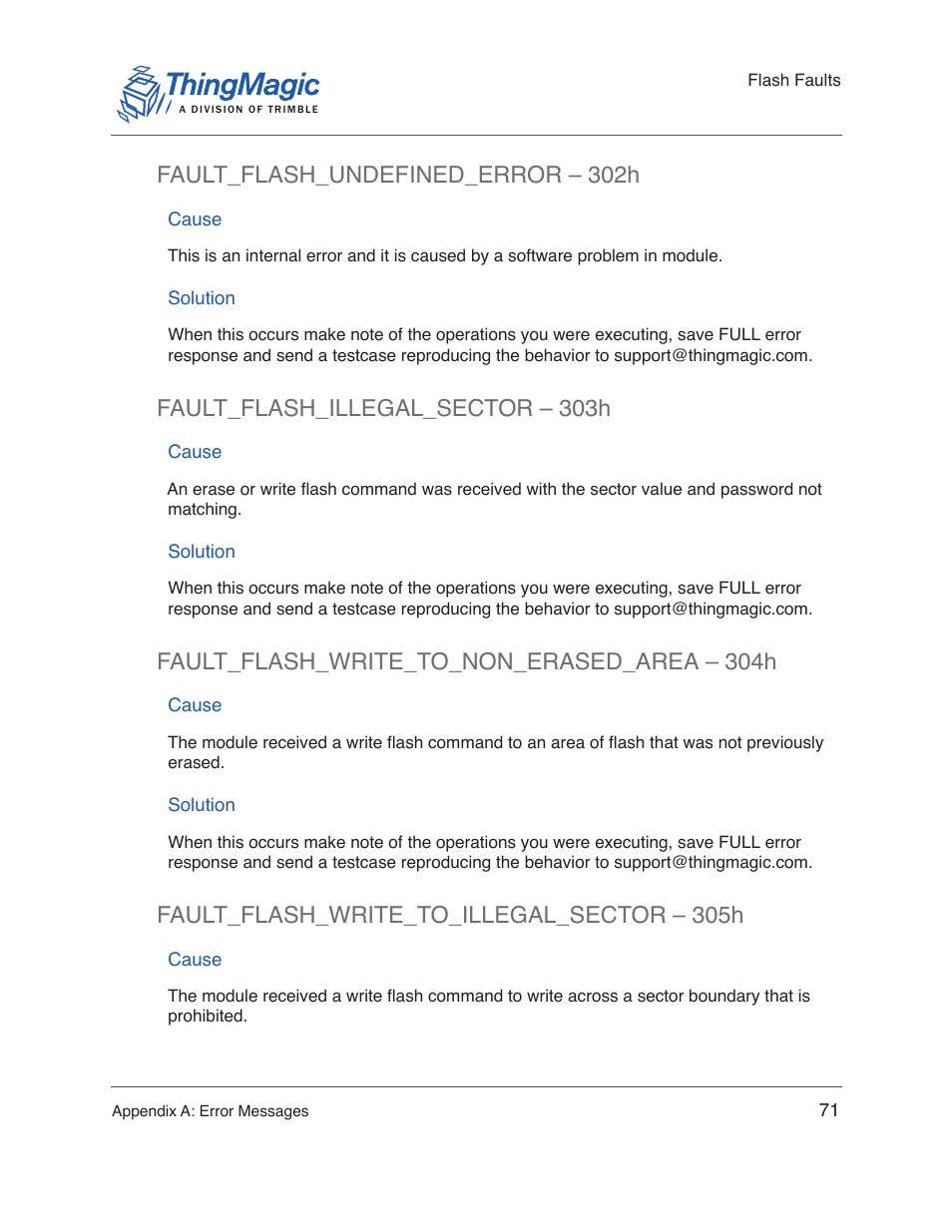 Fault_flash_undefined_error – 302h, Cause, Solution | Fault_flash_illegal_sector – 303h, Fault_flash_write_to_non_erased_area – 304h, Fault_flash_write_to_illegal_sector – 305h | ThingMagic Micro Hardware User Manual | Page 76 / 105