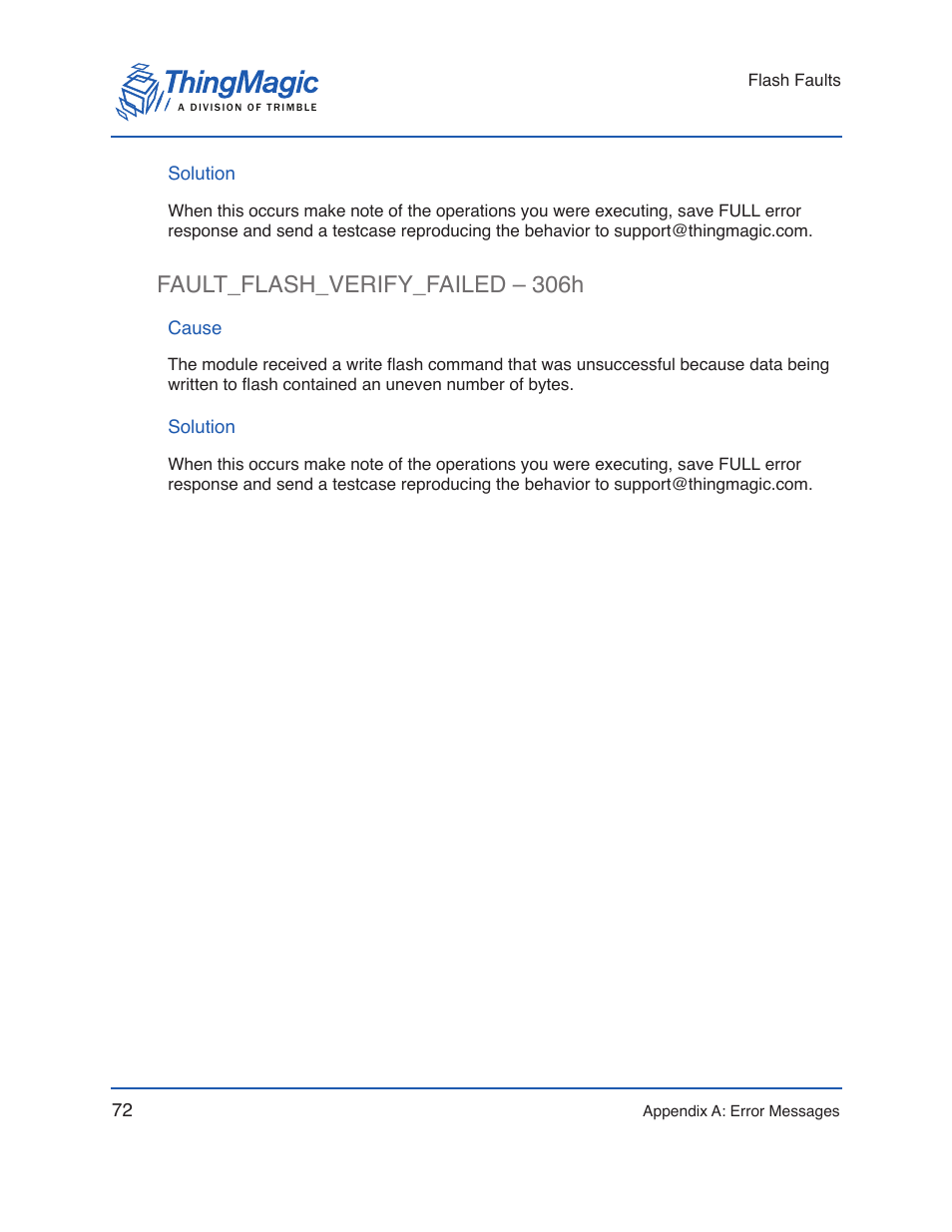 Solution, Fault_flash_verify_failed – 306h, Cause | ThingMagic Micro Hardware User Manual | Page 77 / 105