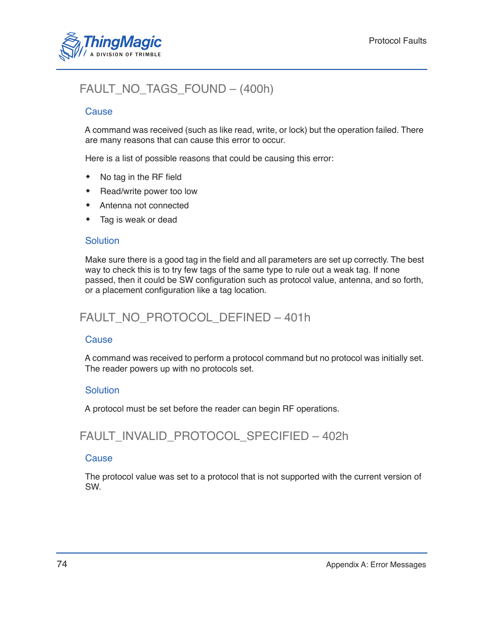 Fault_no_tags_found – (400h), Cause, Solution | Fault_no_protocol_defined – 401h, Fault_invalid_protocol_specified – 402h | ThingMagic Micro Hardware User Manual | Page 79 / 105