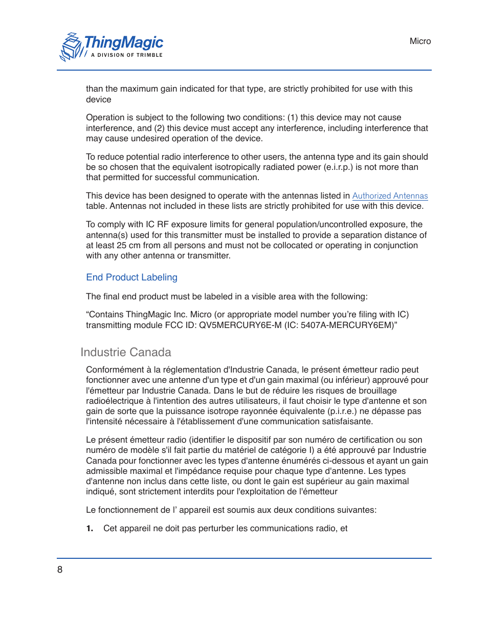 End product labeling, Industrie canada | ThingMagic Micro Hardware User Manual | Page 8 / 105