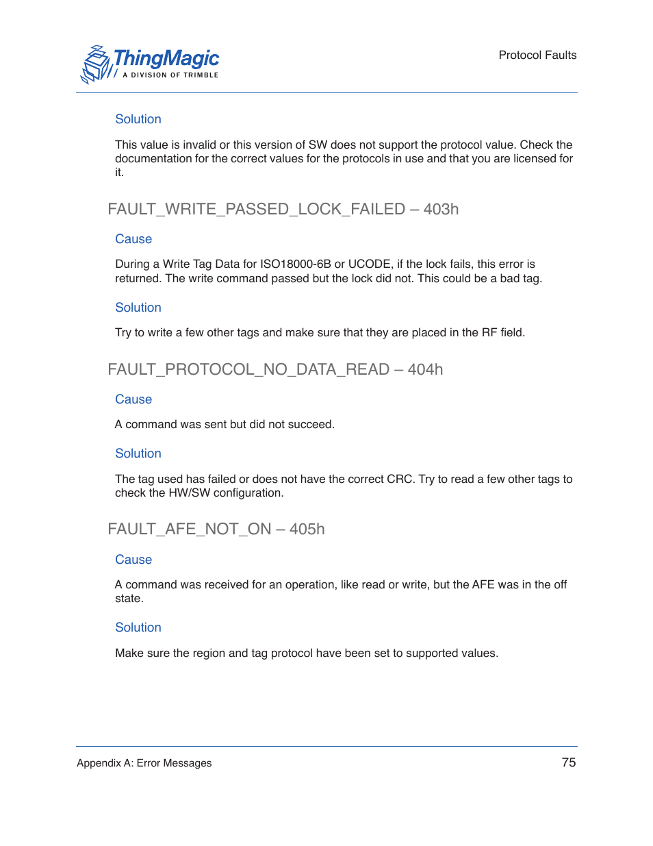 Solution, Fault_write_passed_lock_failed – 403h, Cause | Fault_protocol_no_data_read – 404h, Fault_afe_not_on – 405h | ThingMagic Micro Hardware User Manual | Page 80 / 105