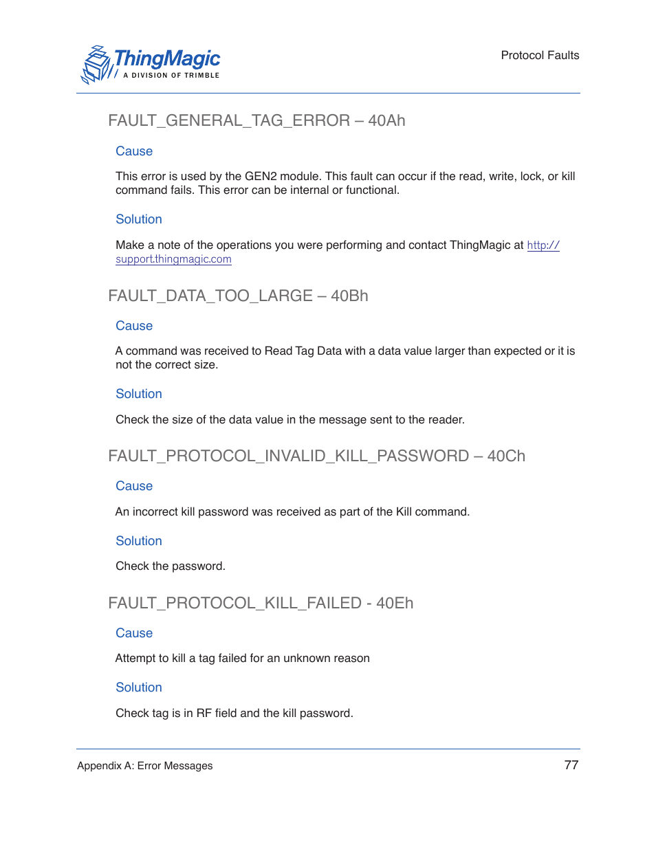 Fault_general_tag_error – 40ah, Cause, Solution | Fault_data_too_large – 40bh, Fault_protocol_invalid_kill_password – 40ch, Fault_protocol_kill_failed - 40eh | ThingMagic Micro Hardware User Manual | Page 82 / 105