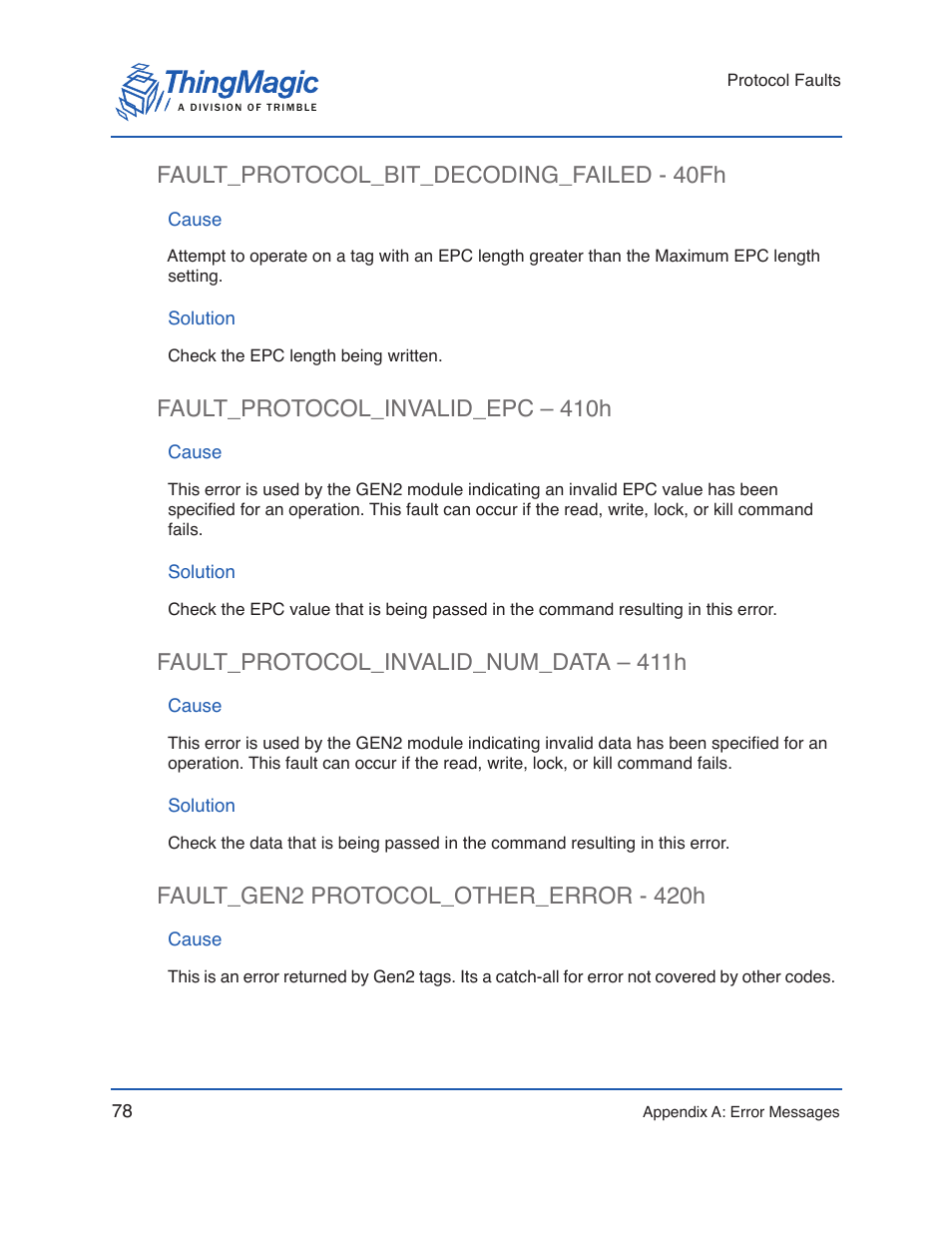 Fault_protocol_bit_decoding_failed - 40fh, Cause, Solution | Fault_protocol_invalid_epc – 410h, Fault_protocol_invalid_num_data – 411h, Fault_gen2 protocol_other_error - 420h | ThingMagic Micro Hardware User Manual | Page 83 / 105