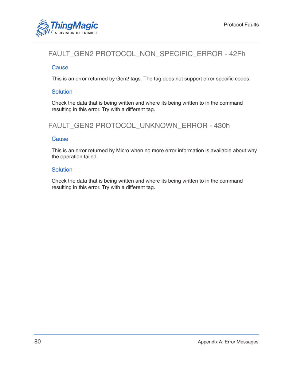 Fault_gen2 protocol_non_specific_error - 42fh, Cause, Solution | Fault_gen2 protocol_unknown_error - 430h | ThingMagic Micro Hardware User Manual | Page 85 / 105