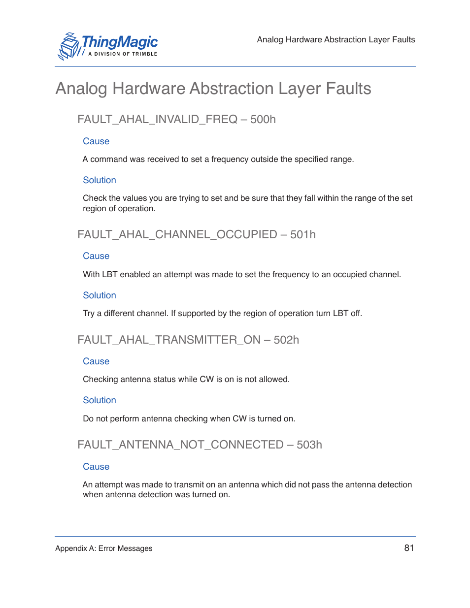 Analog hardware abstraction layer faults, Fault_ahal_invalid_freq – 500h, Cause | Solution, Fault_ahal_channel_occupied – 501h, Fault_ahal_transmitter_on – 502h, Fault_antenna_not_connected – 503h | ThingMagic Micro Hardware User Manual | Page 86 / 105