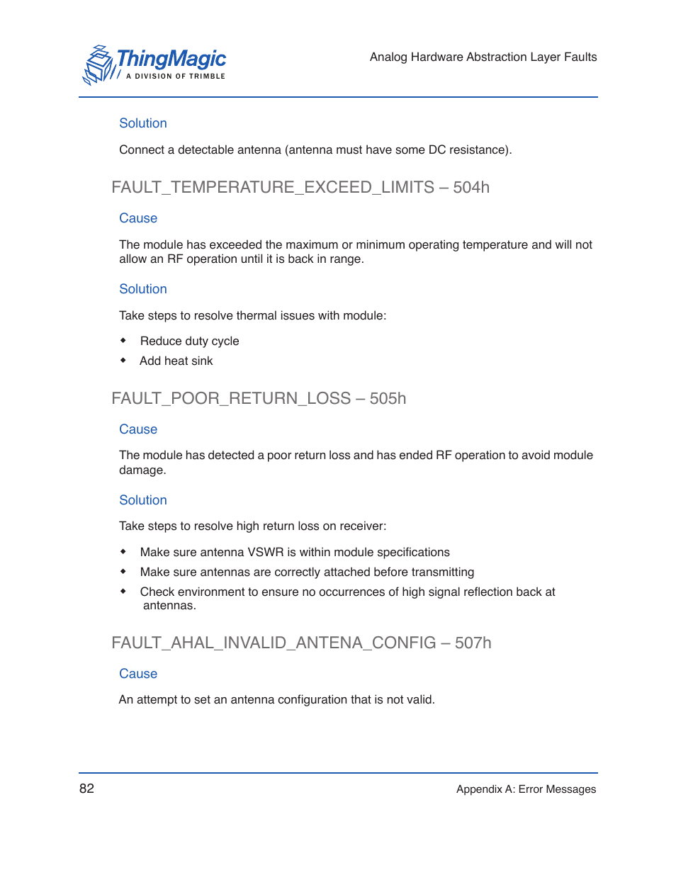 Solution, Fault_temperature_exceed_limits – 504h, Cause | Fault_poor_return_loss – 505h, Fault_ahal_invalid_antena_config – 507h | ThingMagic Micro Hardware User Manual | Page 87 / 105