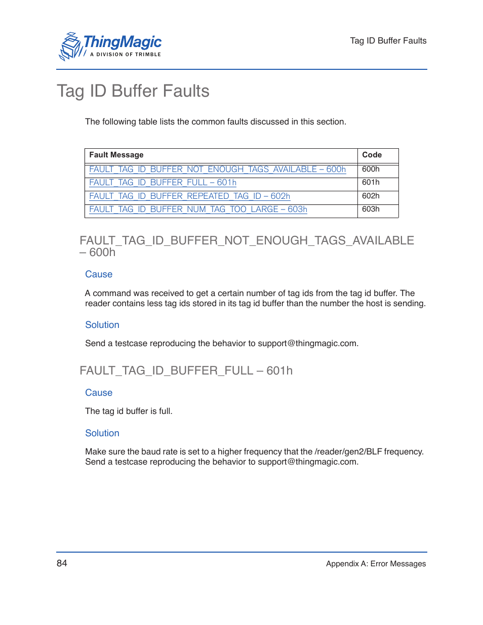 Tag id buffer faults, Cause, Solution | Fault_tag_id_buffer_full – 601h | ThingMagic Micro Hardware User Manual | Page 89 / 105