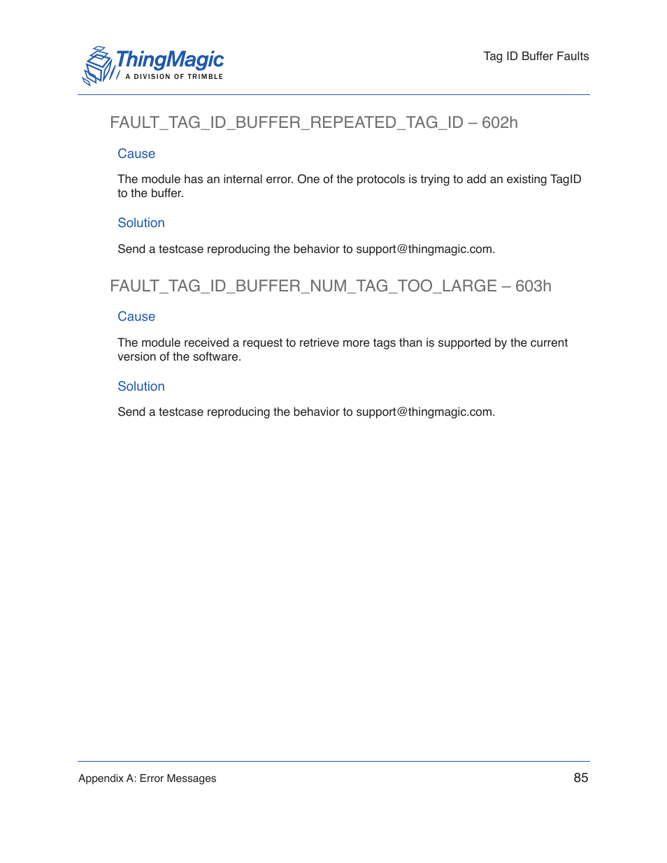 Fault_tag_id_buffer_repeated_tag_id – 602h, Cause, Solution | Fault_tag_id_buffer_num_tag_too_large – 603h | ThingMagic Micro Hardware User Manual | Page 90 / 105