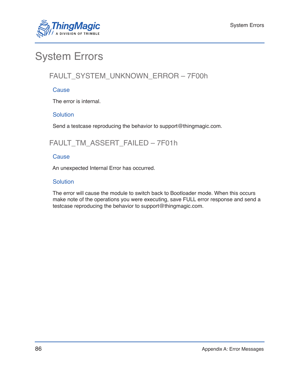 System errors, Fault_system_unknown_error – 7f00h, Cause | Solution, Fault_tm_assert_failed – 7f01h | ThingMagic Micro Hardware User Manual | Page 91 / 105