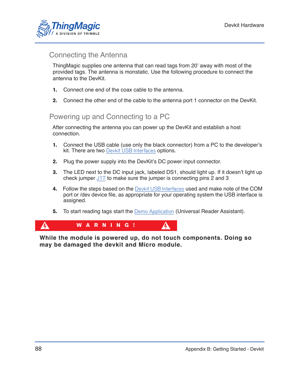 Connecting the antenna, Powering up and connecting to a pc | ThingMagic Micro Hardware User Manual | Page 93 / 105