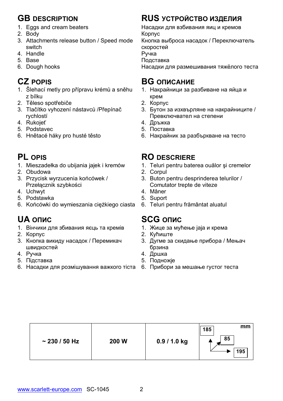 Ua scg | Scarlett SC-1045 User Manual | Page 2 / 15