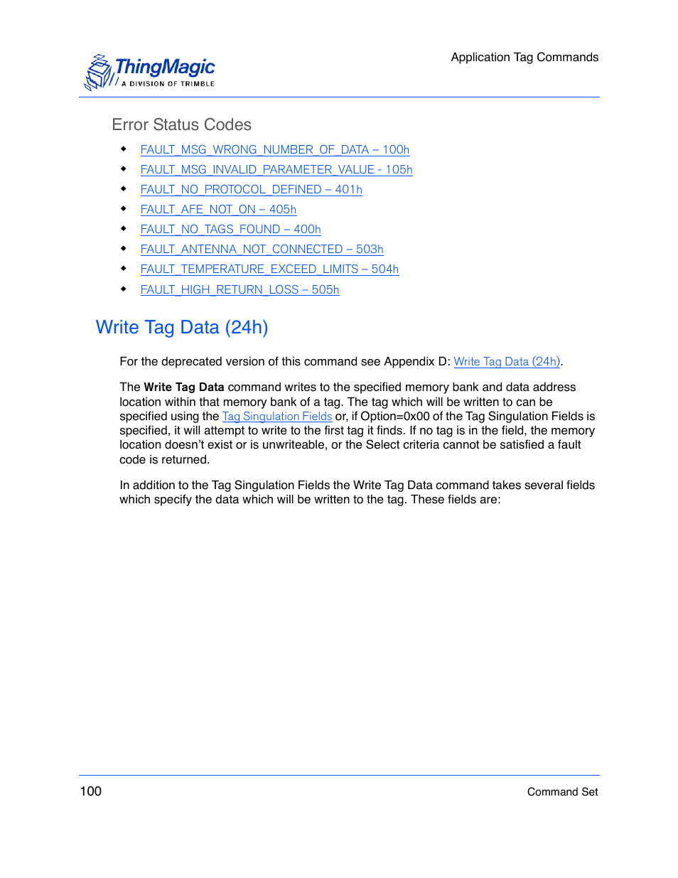 Error status codes, Write tag data (24h) | ThingMagic M5e-Compact User Manual | Page 100 / 252