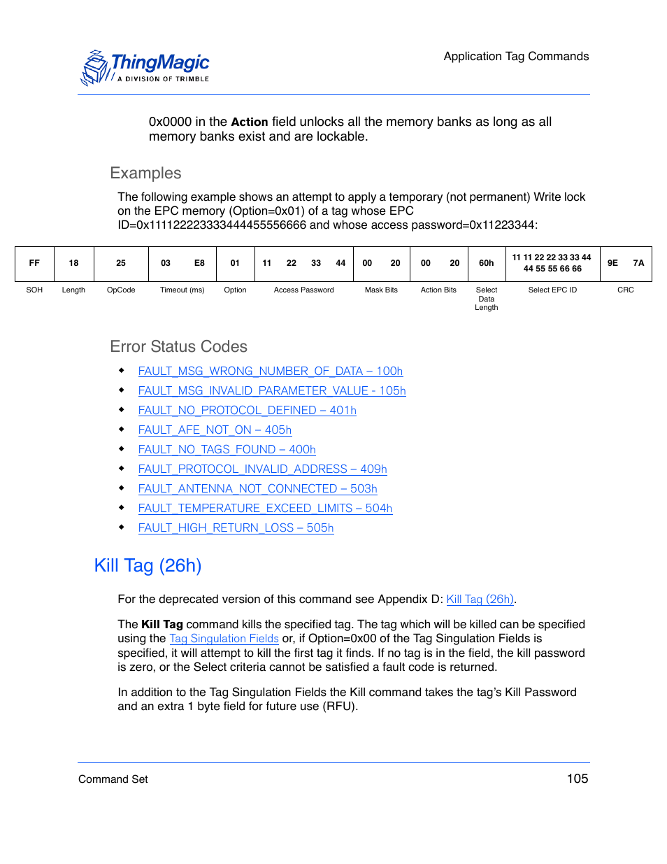 Examples, Error status codes, Kill tag (26h) | ThingMagic M5e-Compact User Manual | Page 105 / 252